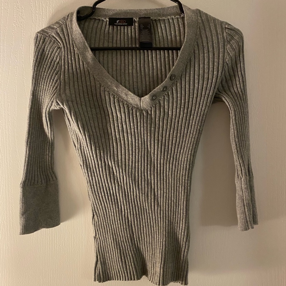 Gray V Neck Long Sleeve Sweater Top